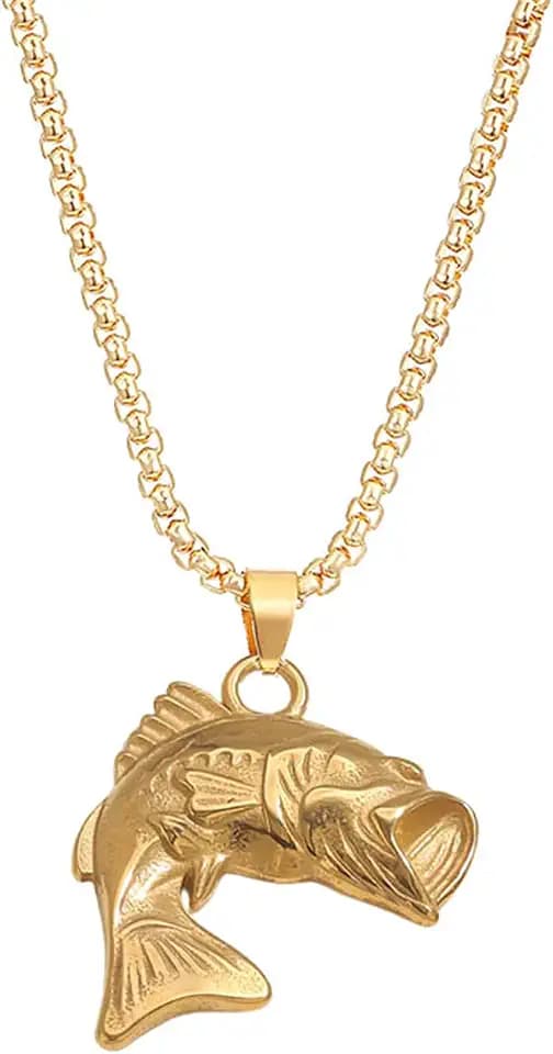 Dreuyet Large Mouth Bass Fish Necklace for Men Women Stainless Steel Vintage Jumping Fish Bass Pendant Fisherman Necklace Jeweley