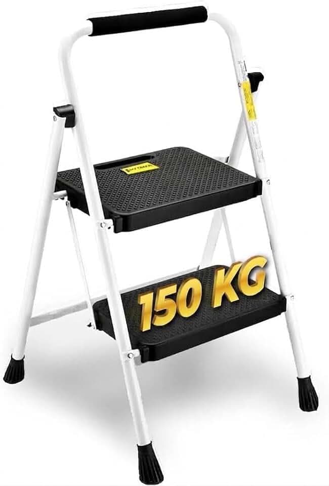 HYTAMA Klapphocker mit breitem, rutschfestem Pedal, robuste Stahlleiter, bequemer Griff, leicht, tragbarer Hocker aus Stahl, EN14183 zertifiziert (weiß, 2 Stufen)