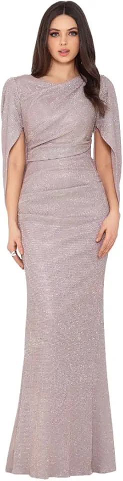 Betsy & Adam Women's Long Glitter Cape Sleeve Dress with Draped Neckline and Hidden Back Zipper