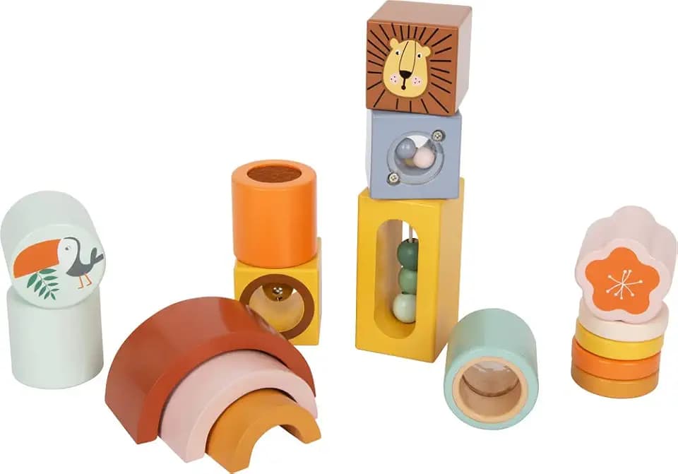 small foot Entdeckerbausteine "Safari" Motorik-und Sinnesspiel für Kinder, 12 Stück, aus Holz, ab 12 Monaten, 12230