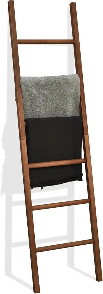 FUIN Blanket Ladder, 6ft Rustic Solid Wood Rectangle Decor Rack, Brown