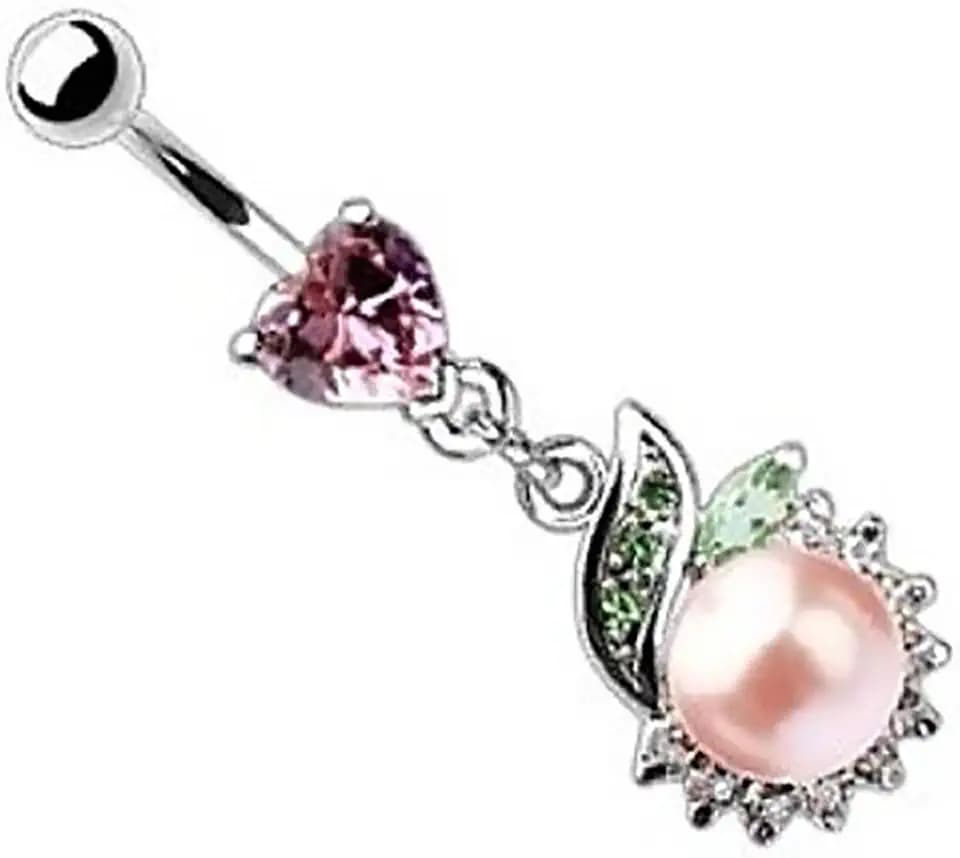 Body Accentz Belly Button Ring Heart Shape Prong Set Navel w/8mm Pearl CZ Dangle(Pink)