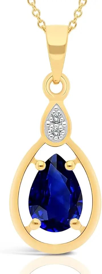 Planetys Damen-Halskette Gelbgold 375/1000, natürlicher Saphir, Birnenschliff und Diamanten, Gold, Saphir Diamant