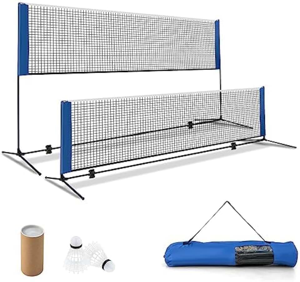 Federballnetz mit Ständer, Badmintonnetz höhenverstellbar mit 2 Federbällen & Tragetasche, tragbarer Netzständer Outdoor für Badminton Tennis Volleyball (420cm)