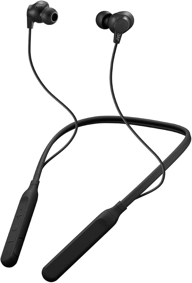 JVC Air Cushion Wireless Earbuds Headphones, Bluetooth 5.0, Water Resistant IPX4, Long Life Battery (up to 24 Hours), 3-Button Remote with mic - HAFX41WB, Black, Medium