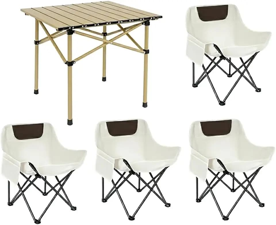 Portable Outdoor Camping Set, Square End Table with 4 Moon Chairs for Patio, Garden, Living Room, Indoor Outdoor Use (White, 21 inches)