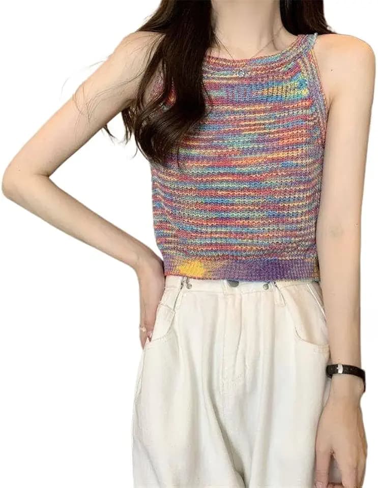 Womens Sleeveless Tops Rainbow Crochet Top Tie Dye Summer Tank Tops for Women Y2k Striped Tank Top Women Summer Outfit