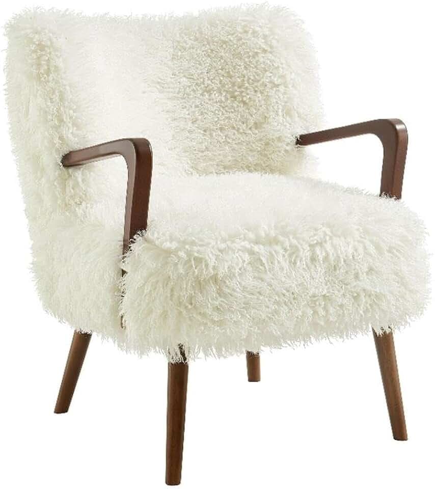 Modway Zerra Upholstered Faux Shearling Lounge Chair in White – Mid-Century Modern Accent Armchair with Wood Frame – Fuzzy Fabric Single Sofa Chair
