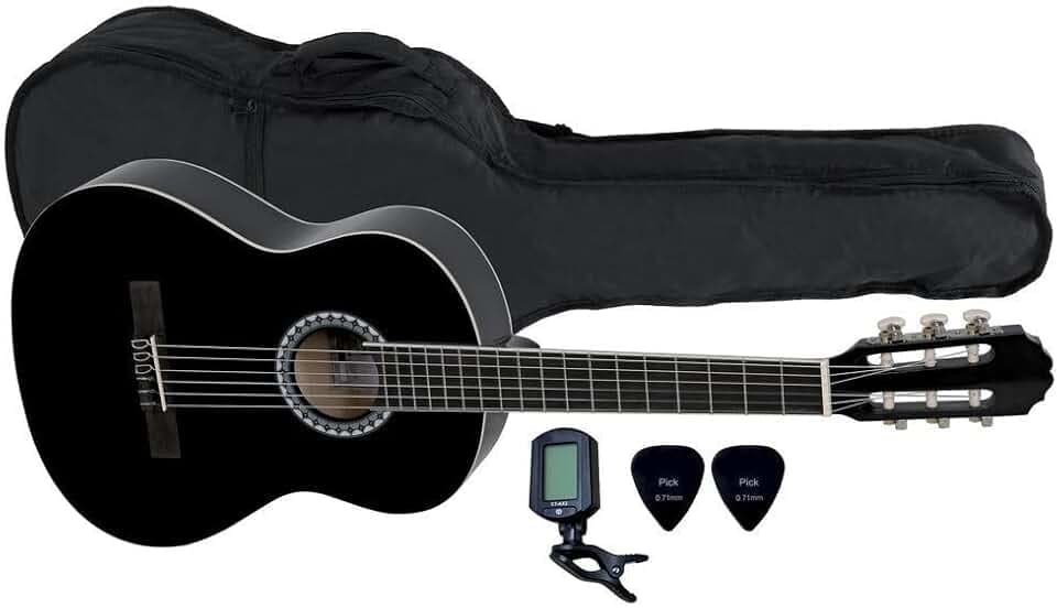 GEWA Konzertgitarre, Gitarre Basic, Korpus Linde, Griffbrett Pakkaholz, verchromte Mechaniken, Set 3/4 schwarz, inklusive Tasche, Tuner, Plektren