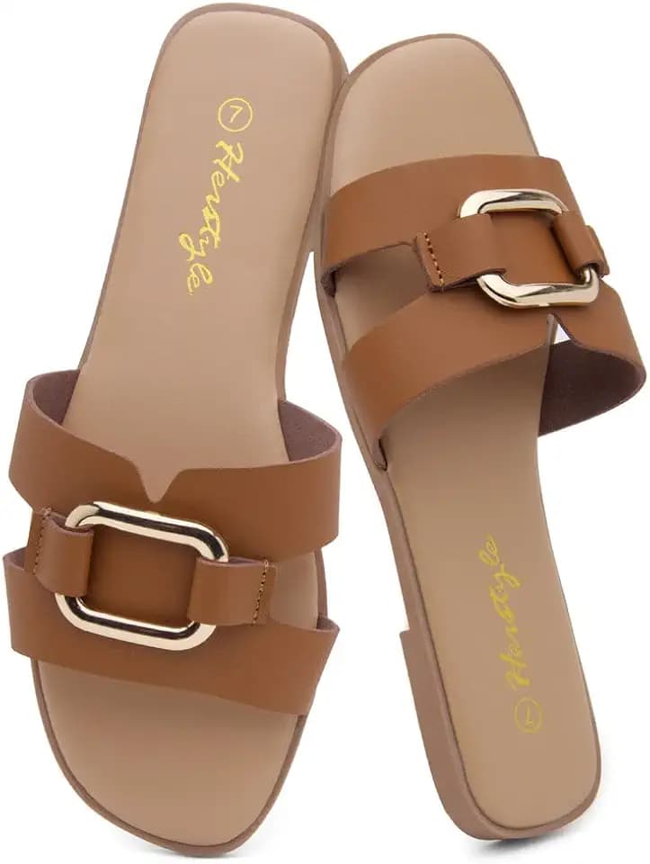 Herstyle Women’s Flat Sandals, Square Open Toe Slides with Metal Chain, Memory Foam Footbed, Slip On Dressy Casual Summer Sandals for Women
