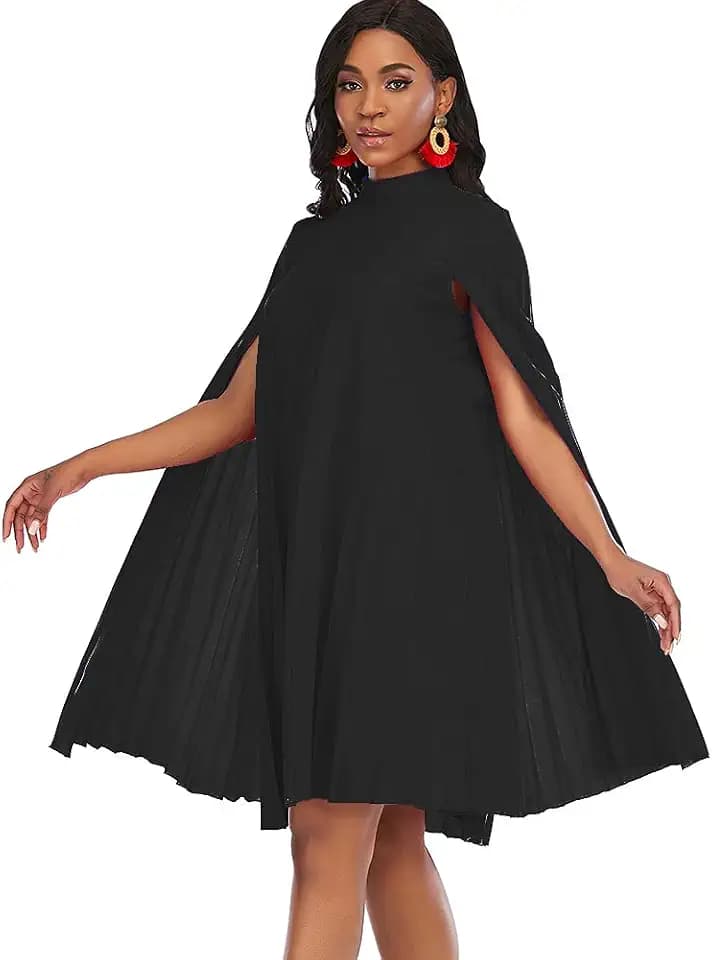 AOMEI Women's Stand Collar Pleated Cape Sleeve Loose Knee Length Dress Plus Size