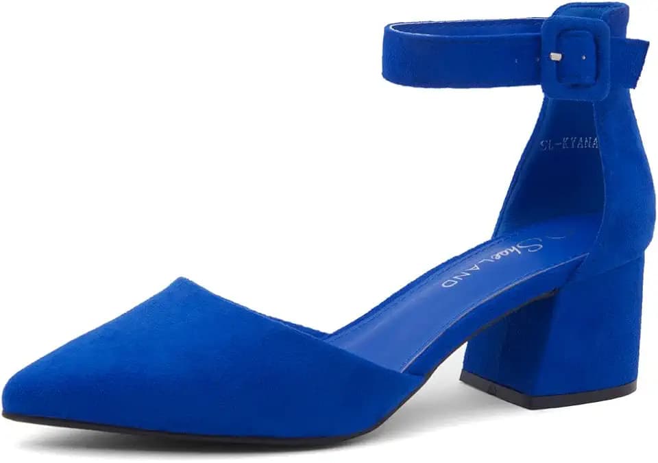 Shoe Land Closed Toe Heels for Women – Low Block Pumps with Ankle Strap, Pointed Toe Comfortable Chunky Dress Shoes for Office Work Wedding