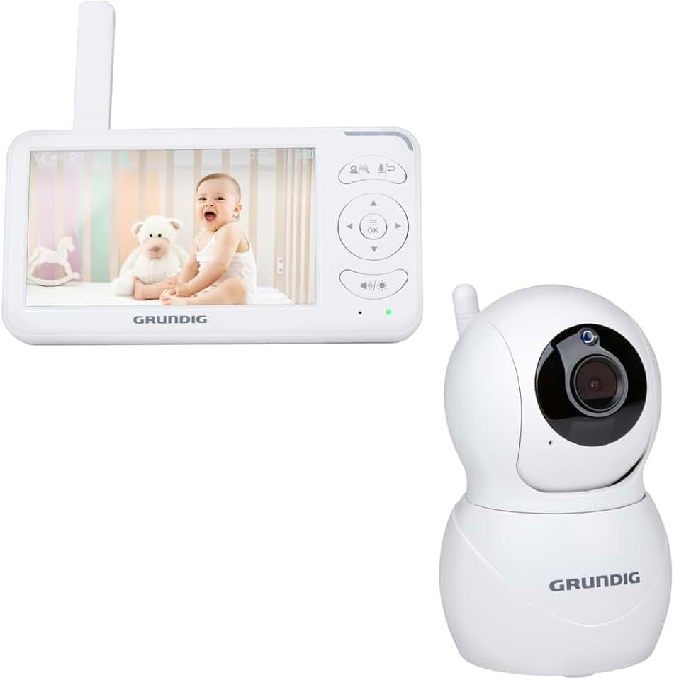 Grundig Video Babyphone mit Kamera – Babyfon mit 5 Zoll Farbbildschirm – Baby Monitor mit Nachtsicht, Temperaturanzeige und Talkback-Funktion – Weiß