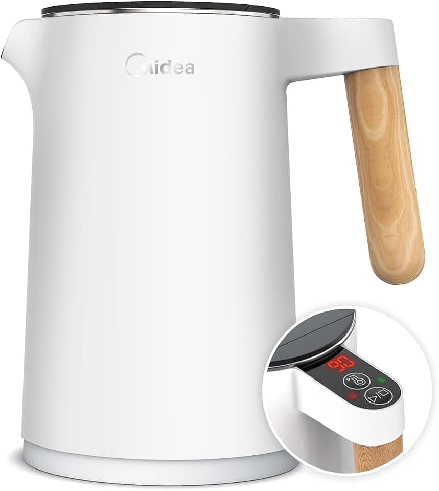 Midea Edelstahl Wasserkocher 1,5L, Temperatureinstellung 45-100℃, Weiß