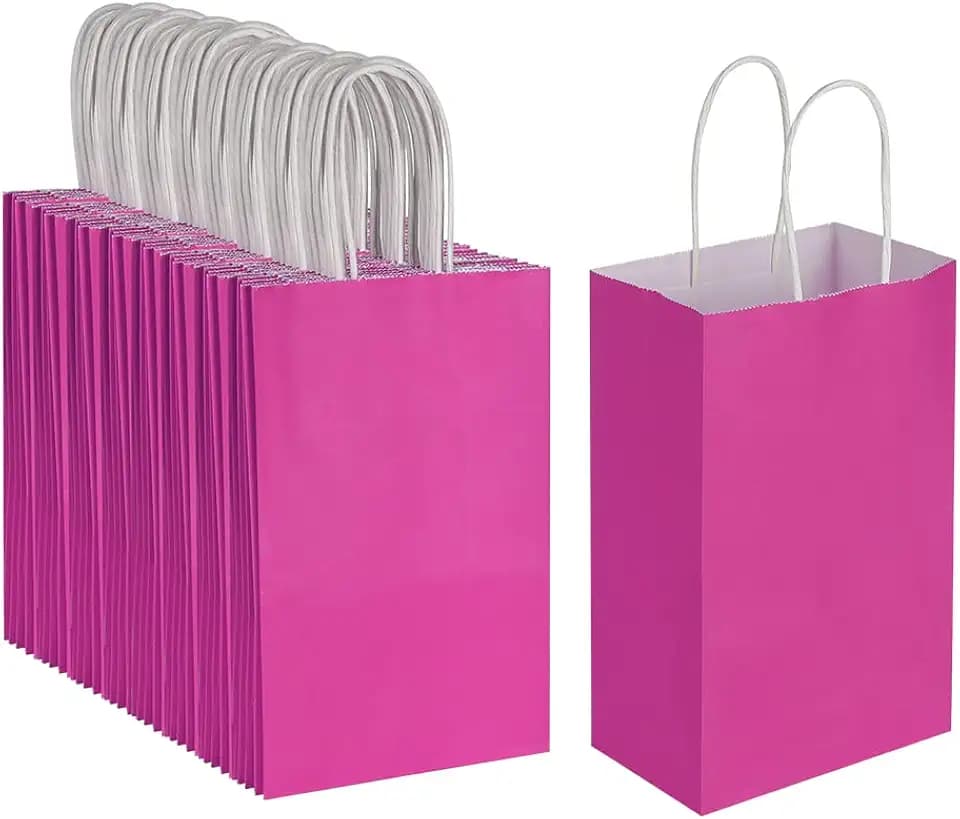 Oikss 100 Pack 5.25x3.25x8.25 Inch Small Hot Pink Kraft Paper Bags with Handles Bulk for Birthday Wedding Party Favors Grocery Retail Shopping Business Goody Craft Gift Bags Sacks (Fuchsia 100 Count)
