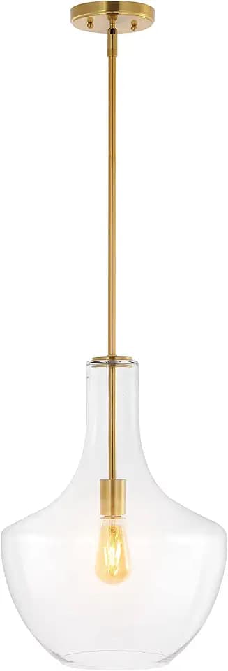 JONATHAN Y Watts Schoolhouse 13.25" Pendant Light, Brass Gold/Clear