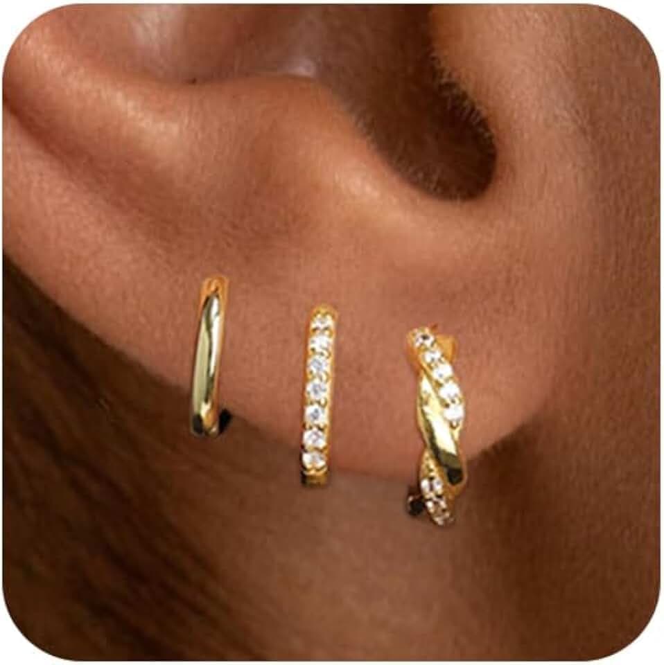 Small Gold Hoop Earrings Set for Women, 14K Gold Plated Stack Hypoallergenic Huggie Hoop Earrings for Women Trendy Dainty Cartilage Cubic Zirconia Earrings Multiple Piercing Jewelry Gifts