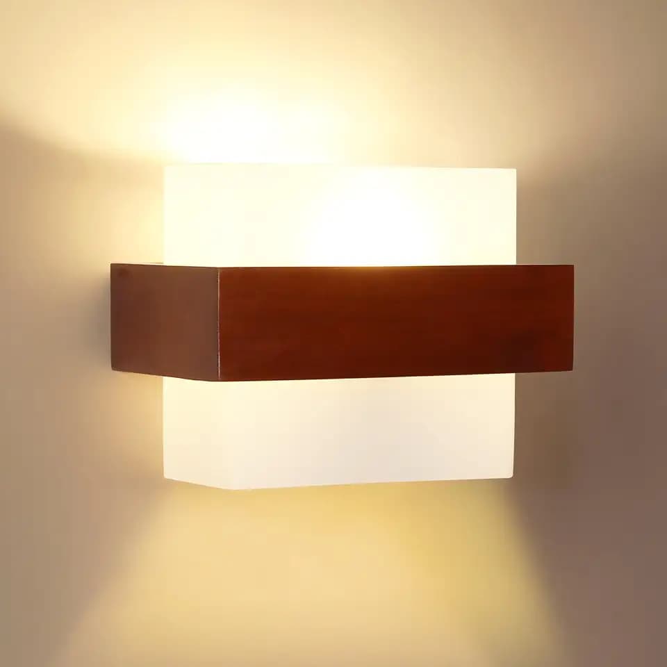 Comely Holz Wandleuchte Innen Vintage Wandlampe mit Glas Schirm E27 (Braun)