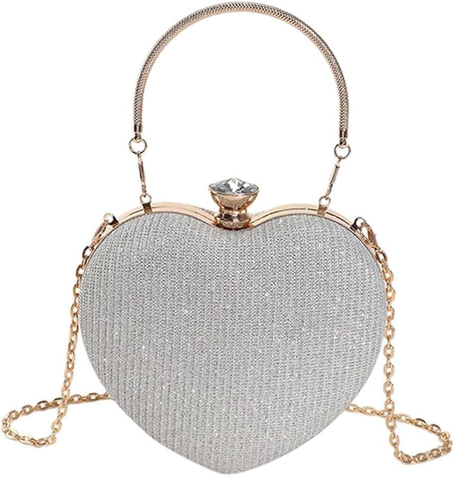 Clutch Damen Herzform Abendtasche Klein Glitzer Handtasche Elegant Hochzeit Braut Clutches mit Kette Kleine Tasche Gold Silber Schwarz Abendtaschen