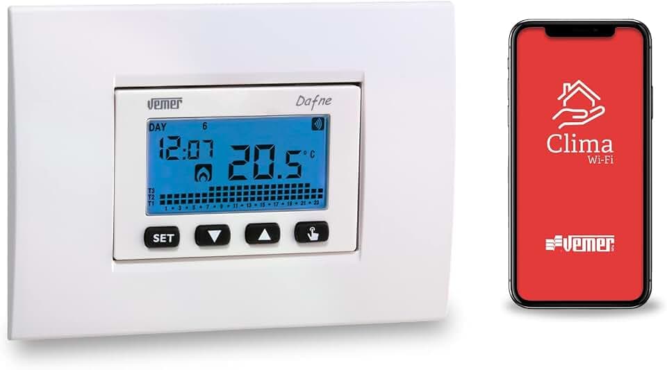 VEMER Ve792200 Dafne WiFi Thermostat, 230 V, Steuerung mit Smartphone über APP verfügbar auf iOS und Android, kompatibel mit Alexa und Google Home, Weiß und Grau