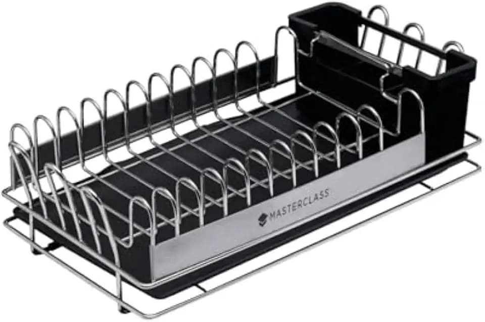 MasterClass Kleiner Edelstahl-Geschirrabtropfer mit Besteckablage, 41 x 22 x 13 cm, Silber/Schwarz