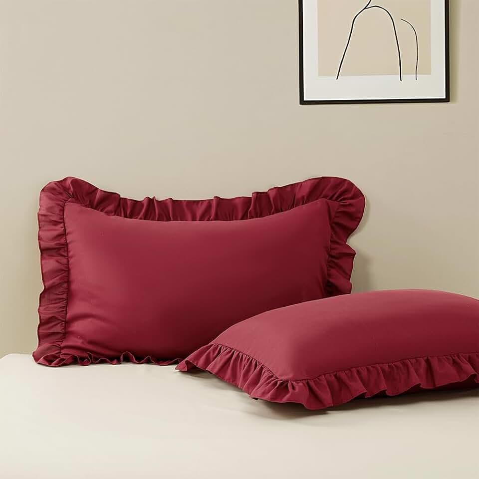 Ruffle Pillow Case Standard Size Set of 2, Wine Red, 20"x26"