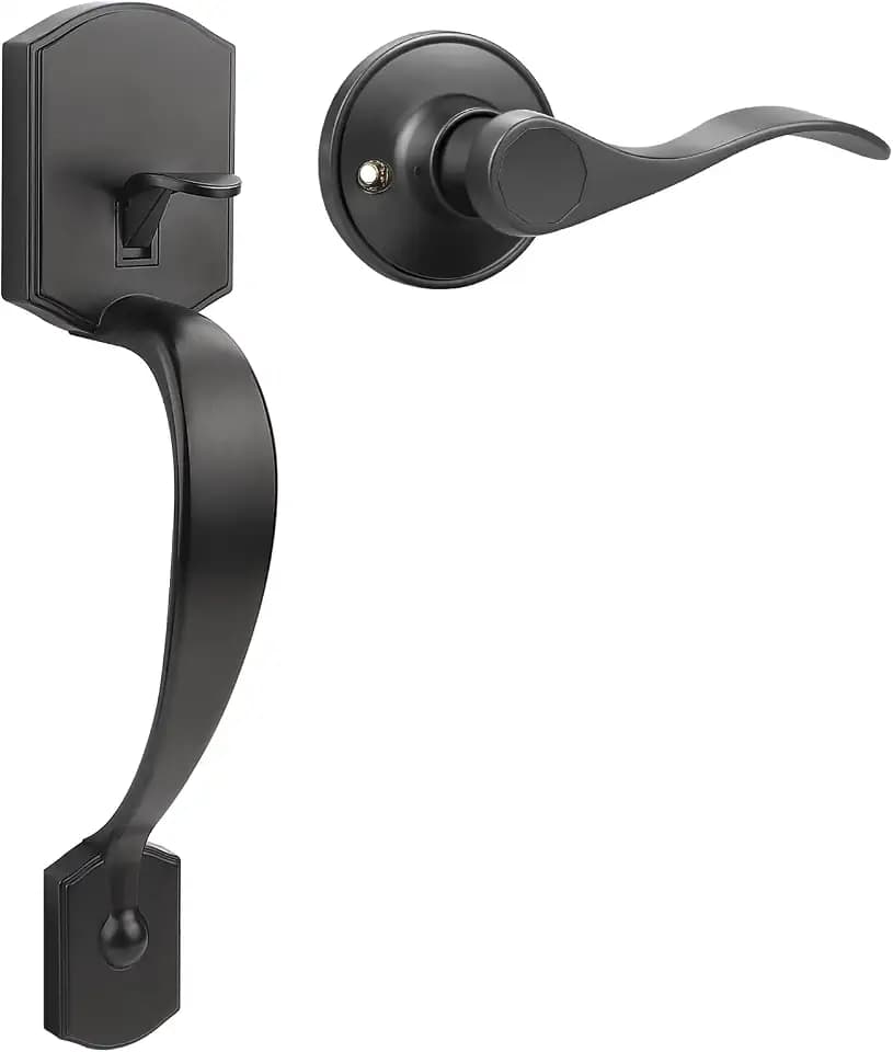 Probrico Black Lower Half Front Entry Handleset, Heavy Duty Entry Door Handle with Interior Reversible Handed Lever, Lock Grip Handle with Wave Lever Keyless Door Locks, 1Pack