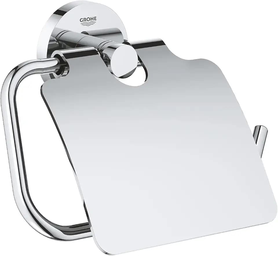 GROHE Start, Toilettenpapierhalter WC ohne Bohren (Klopapierhalter zum Kleben und Bohren geeignet, mit Schrauben & Dübel, Kleber separat kaufen, mit Deckel, verdeckte Befestigung), chrom, 41179000