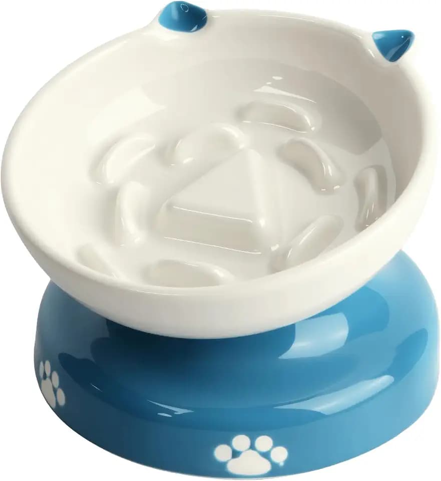 Y YHY Ceramic Slow Feeder Cat Bowl, Elevated Cat Bowl Tilted Design Slow Feeder for Dog and Cat for Dry and Wet Food, Blue