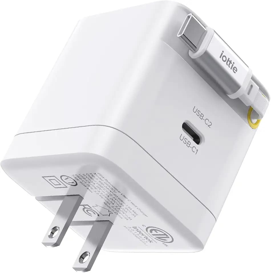Basix by iOttie 65W GaN Wall Charger with Built-in Retractable USB-C Cable and Extra USB-C and USB-A Ports, Triple Device Fast Charging, Compact Travel Charger with Folding Prongs