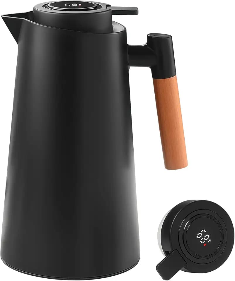 Thermoskanne 1L: Isolierkanne mit Temperaturanzeige, Kaffeekanne abgedichtet,Thermoskanne mit Rutschfester Griff, für Kaffee, Wasser, Milch und Tee, 12 Stunden Wärmespeicherung (Auslaufsicher)
