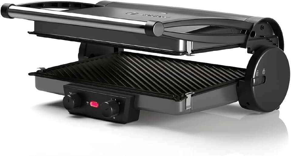Bosch Tischgrill, elektrisch, 3-in1-Kontaktgrill, individueller Temperaturregler, Fettablaufrinne, Auflaufform, herausnehmbare Aluminium-Grillplatten, einfache Reinigung, kompakt, 2000 W, TCG4215