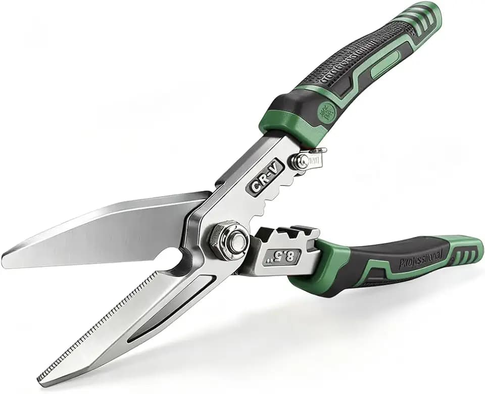 Heavy Duty Industrial Scissors 8.5'', Utility Sharp Aviation Tin Snips, Finely Serrated CR-V Blades with Safety Lock, for Cutting Wires, Cardboard, Plastic, Carpet, Metal Sheet