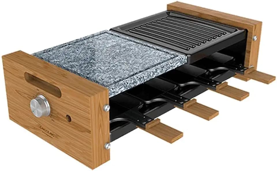 Cecotec Raclette Cheese&Grill 8400 Wood MixGrill. Leistung 1200 W, gemischte Grill- und Plattenfläche, regulierbares Thermostat, 8 individuelle Pfännchen, abnehmbares Design.