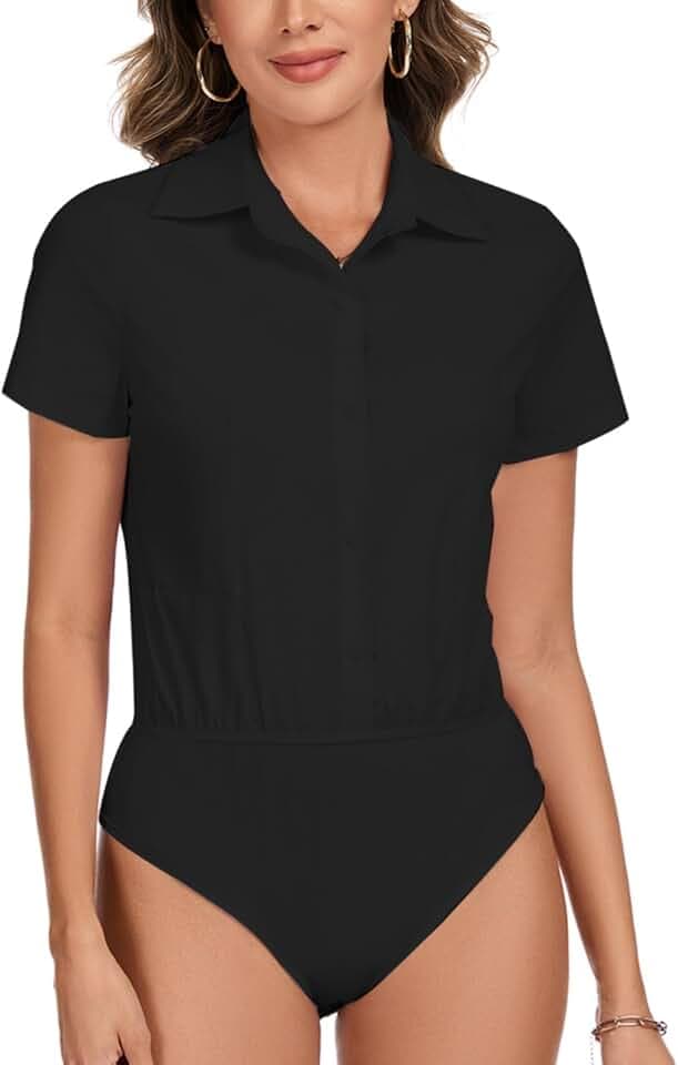 Damen Bodysuit Bluse Kragen 2025 Business Arbeit Shirts Kurzarm Knopfleiste Bodysuit Tops