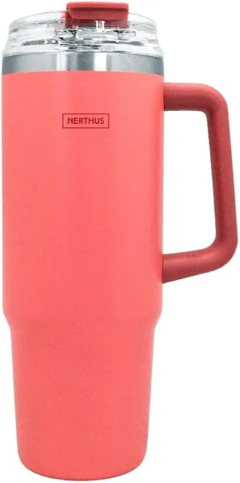 Nerthus FIH 1438 Thermobecher 900 ml koralle mit Deckel und Strohhalm ideal für Arbeit Auto Reisen