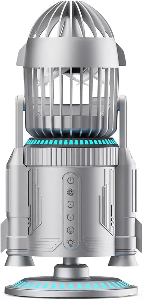 Rocket Desk Fan with Mist Humidifier, 5000mAh Portable Cordless Table Fan, RGB Gaming Room Decor, 180° Auto-Oscillating & Tilt, Quiet Personal Cooling for Office, Bedroom & Gifting (Silver)