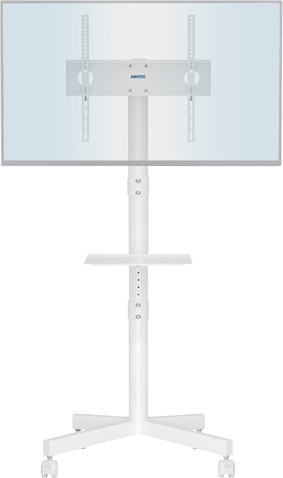 BONTEC TV Ständer Rollbar für 23-60 Zoll Fernseher, bis zu 25 kg, Weiß | Höhenverstellbarer Fernsehstand mit Laptopablage für Plasma-, LCD- und LED-Fernseher, max. VESA 400x400 mm