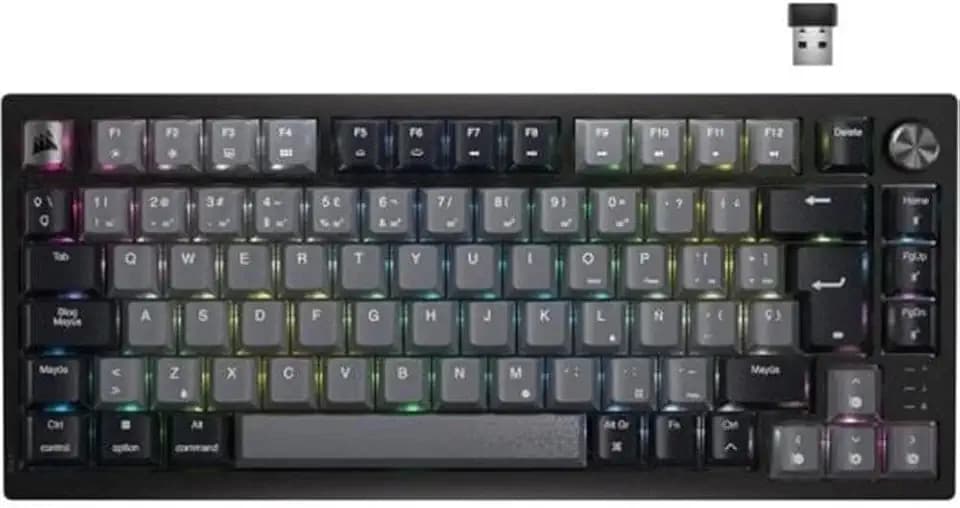 Corsair K65 Plus Wireless 75% RGB Hot-Swap-fähige mechanische Gaming-Tastatur, vorgeschmierte Corsair MLX rote lineare Schalter, Schalldämmung, PBT-Tastaturen, QWERTY ES – Schwarz