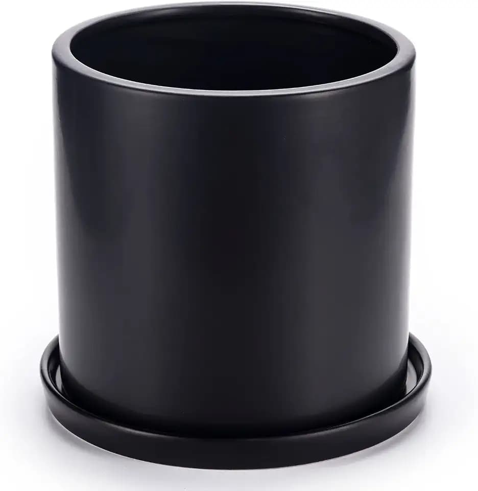 Plant Pots 10 Inch Ceramic Planter with Drainage Hole and Saucer, Matte Black Modern Cylinder Planter Pot for Indoor Outdoor Plants Flowers, Full Glazed Finish