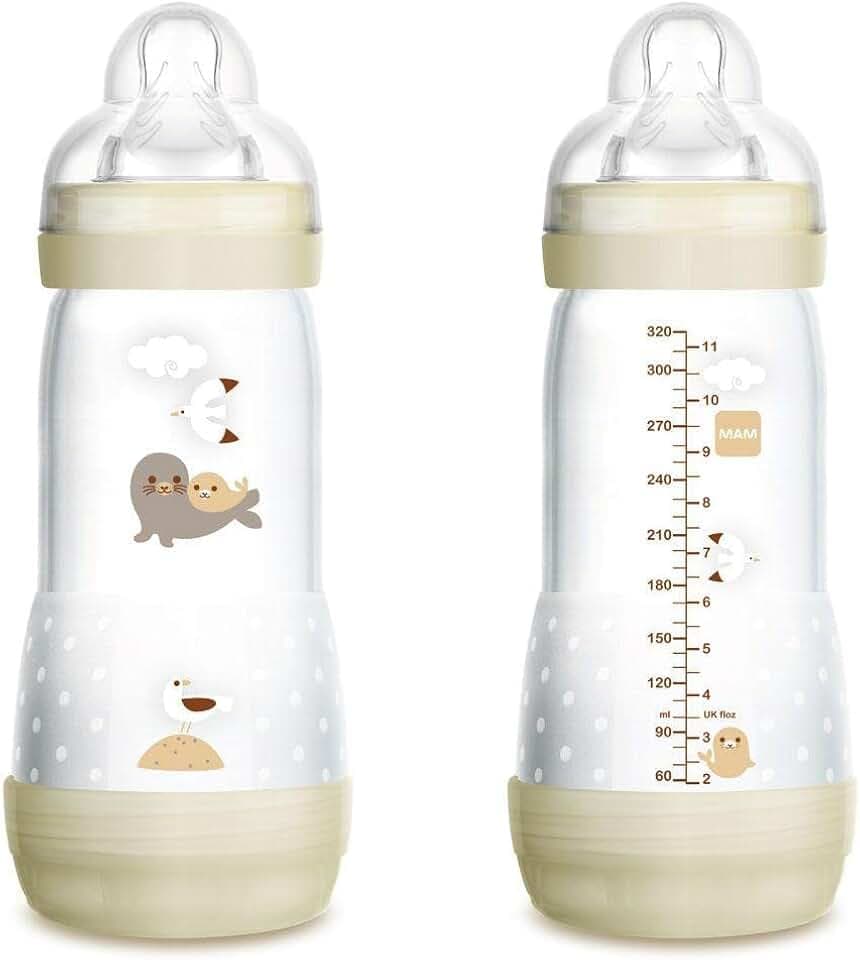 MAM Anti-Kolik-Flasche ab 4 Monaten, 320 ml, mit 3 Schnelligkeits-Saugern, aus Silikon, selbststerilisierend und leicht zu reinigen, MAM Easy-Start, Anti-Colic, matt-neutral, 1 Stück