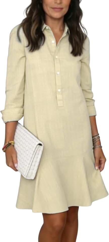 Women's Linen Midi Dresses 2026 Summer Casual Button Down Shirt Dress