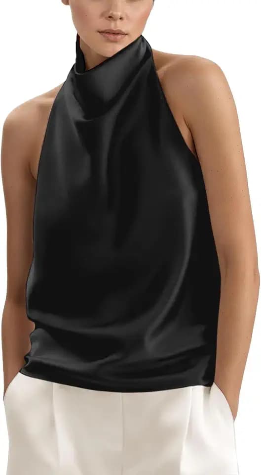 Womens Black Silk Satin Tanks Backless Halter Tops Small