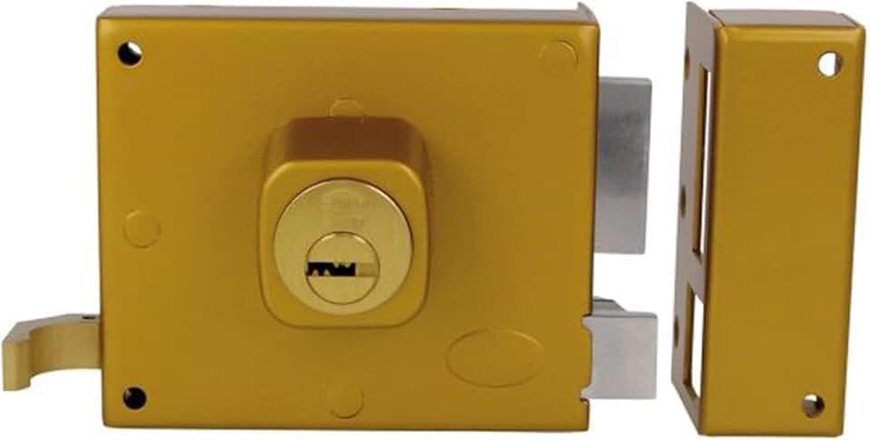 Amig - Aufschraubschloss DIN rechts mit Schließhebel, Falle und Ziehgriff für Holztüren Mod. 72-100 x 85 mm - Riegel mit rundem Zylinder - Stahl goldfarben lackiert