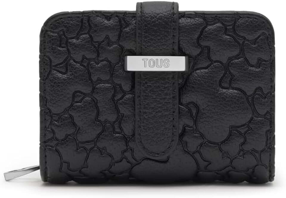 TOUS Kleine Geldbörse aus schwarzem Leder mit Reißverschluss, geprägtes Design, kompakte Geldbörse für Damen