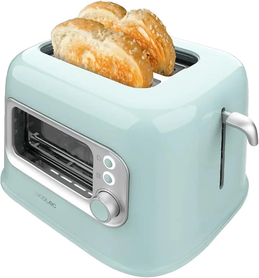 Cecotec RetroVision Blue Vertikaler Toaster, 2 breite Schlitze, 700 W auf 5 Stufen, 2 Brotscheiben, Kontrollfenster, Retro-Design, Staubschutz, automatische Abschaltung und Pop-up