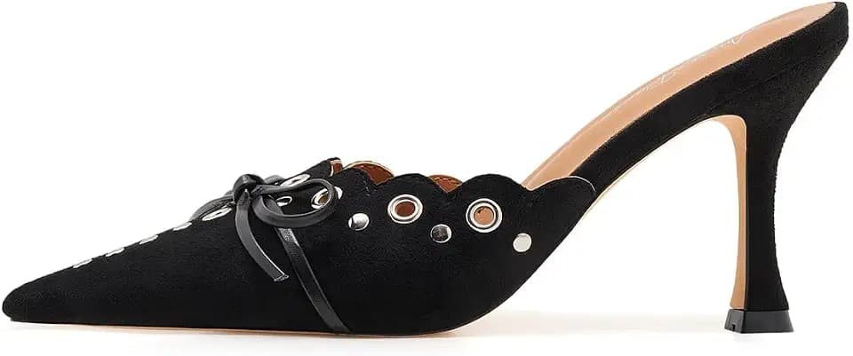 Kitten Heel Mules for Women Bow Tie Suede Stiletto Heels Mule Pointed Toe Studs Slide Heeled Sandal Pumps for Wedding Dress Party