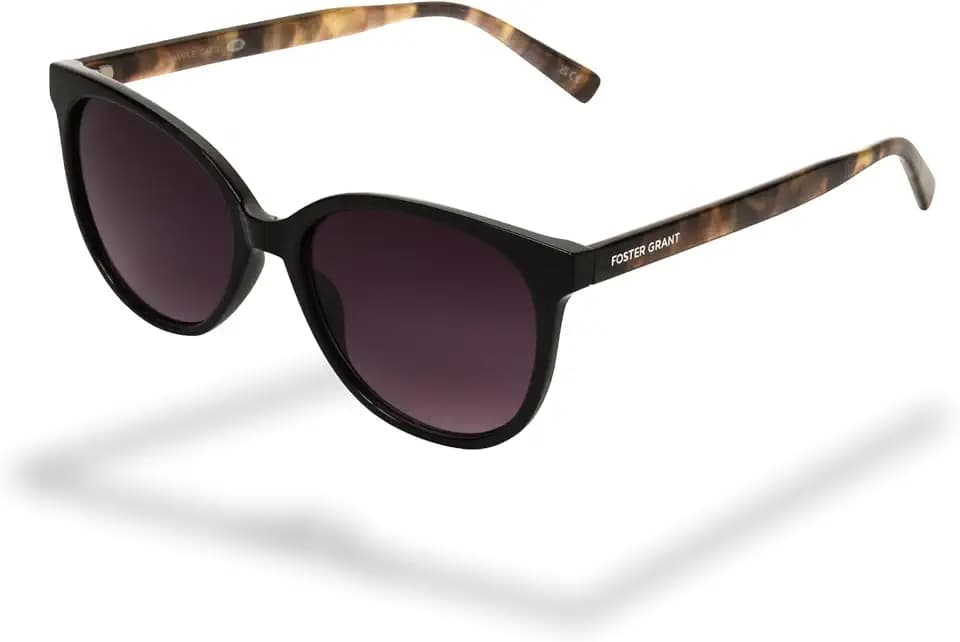 Foster Grant Cat-Eye-Sonnenbrille für Damen in Schwarz – Glänzende Fassung mit Schildpatt-Bügeln, kratz- & stoßfeste Smoke-Gläser & UV400-Filterung für einen femininen Look