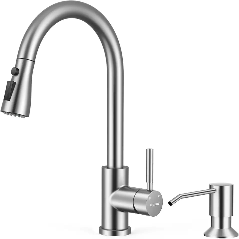 WEWE Kitchen Faucet with Soap Dispenser Set, Pull-Down, Brushed Nickel