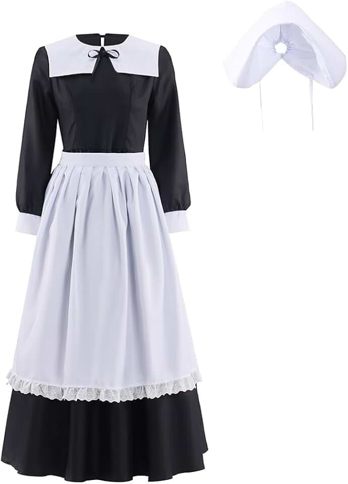 Historical Colonial Costume Pioneer Maid Apron Dress Pilgrim Women Costume Fancy Dress with Bonnet